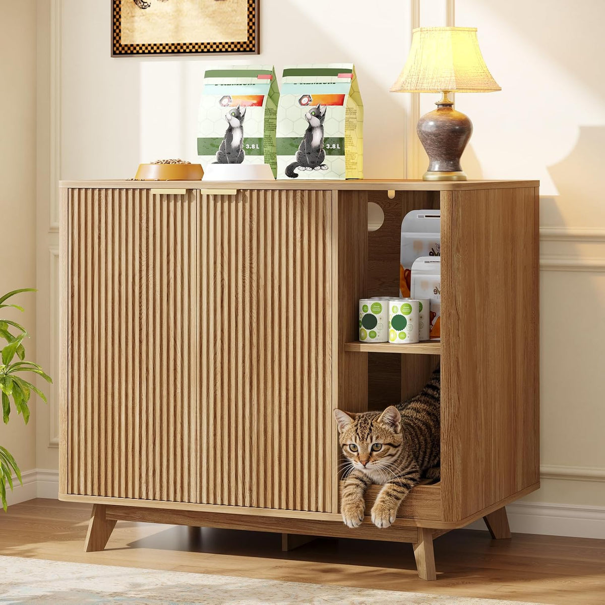 Walnut fluted wood litter box enclosure cabinet with doors – view 2