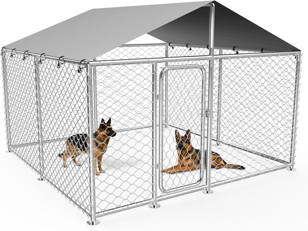 Large metal outdoor dog run enclosure with waterproof roof in a backyard – view 2