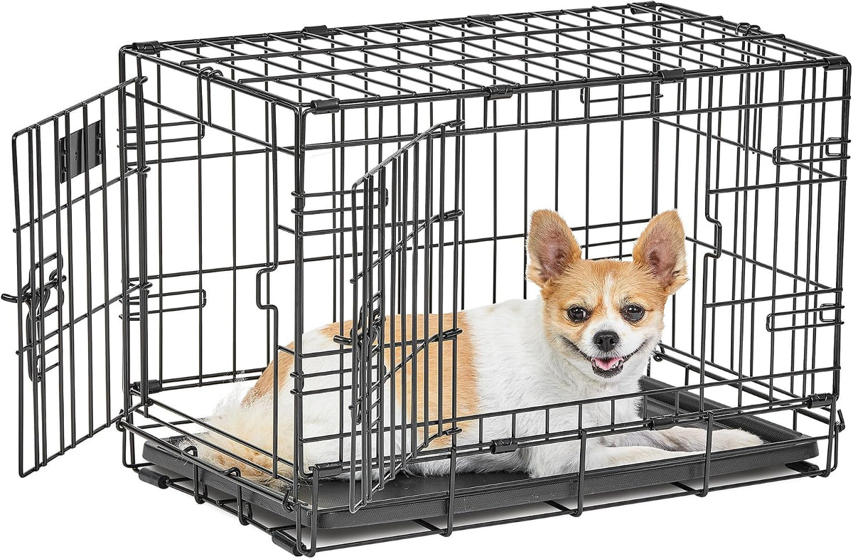 42 inch black wire double door folding dog crate with divider panel and tray – view 3