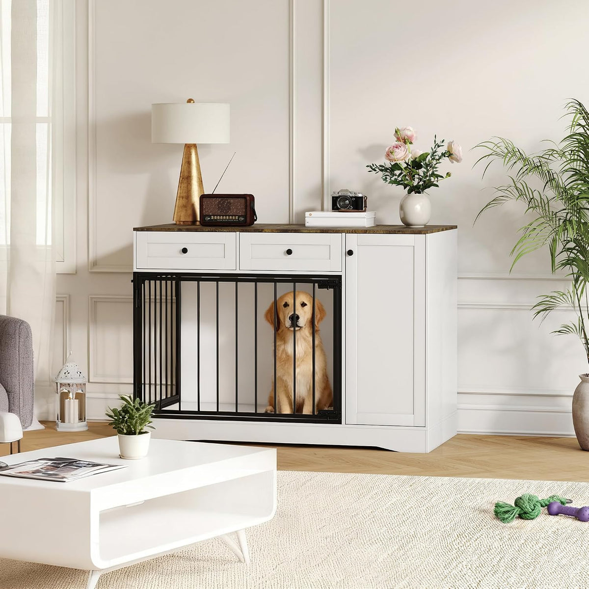 Farmhouse dog crate furniture with double doors, drawers and cabinet