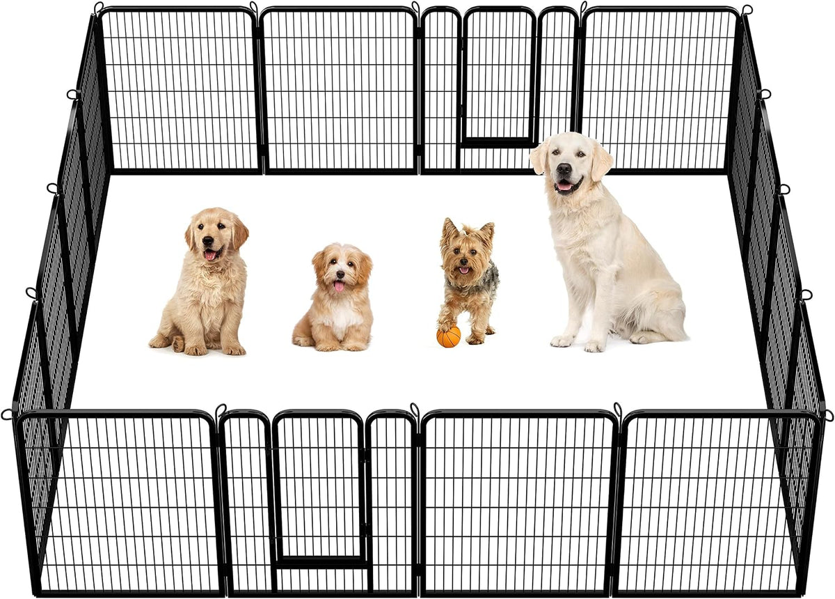 Black 40 inch metal dog playpen with 16 panels and a gate door