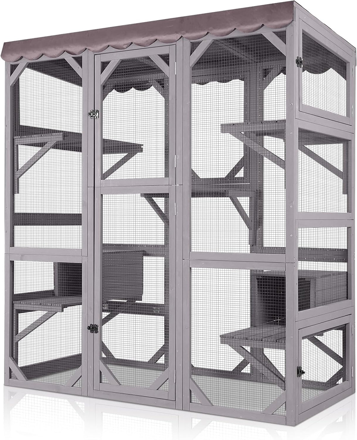 Walk-in outdoor cat enclosure catio with door, platforms and small cat house