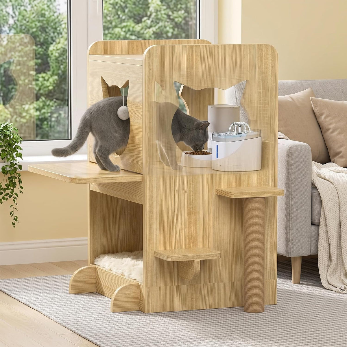 Elevated wood-grain cat feeding station with rattan ladder and hanging toys