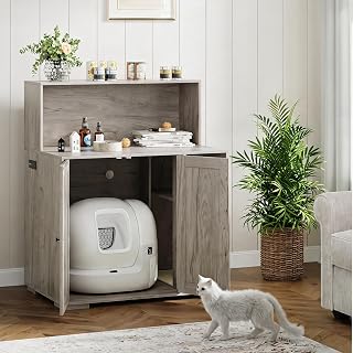 Patikuin Gray Dog-Proof Cat Litter Box Enclosure with Mark Pad, Top Storage and Power Outlet