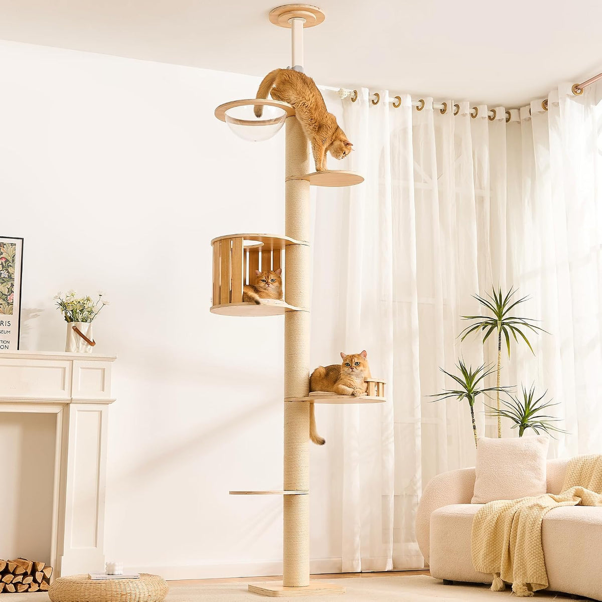 Floor-to-ceiling four-level wooden cat tree with two condos and perches – view 3