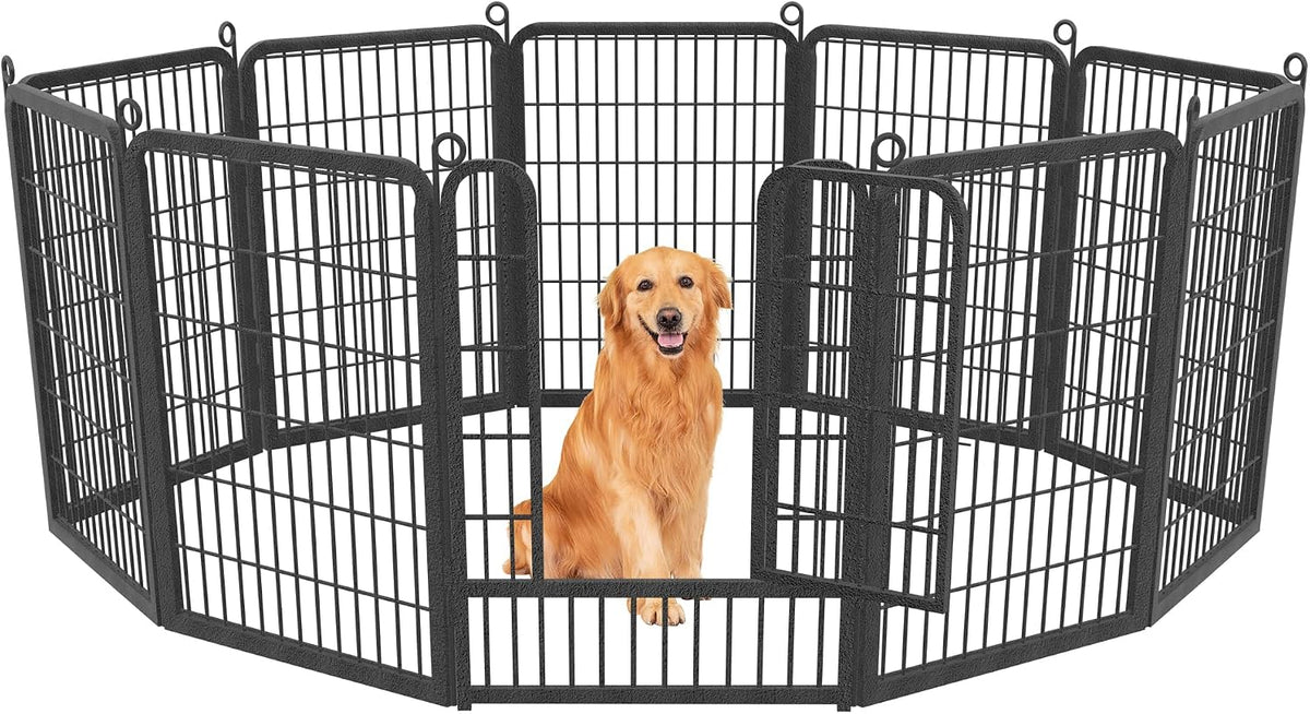 Black 40 inch metal dog playpen with fourteen panels set up in a yard – view 7