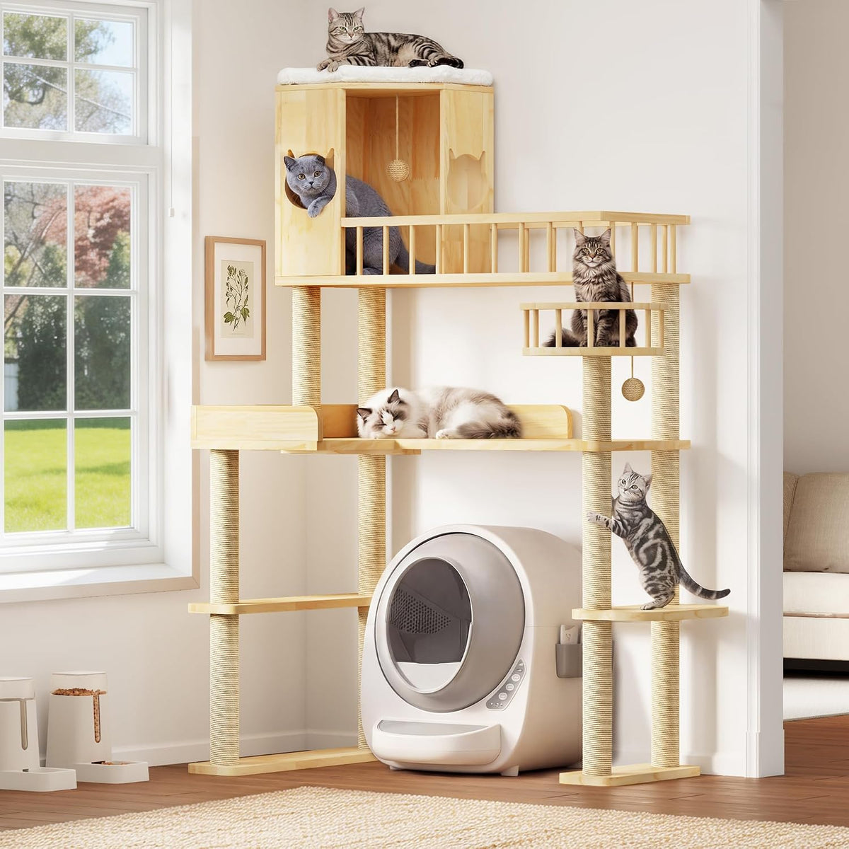 61 inch six-tier corner cat tree over an automatic litter box