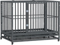 Gray heavy duty steel dog crate with double doors and wheels