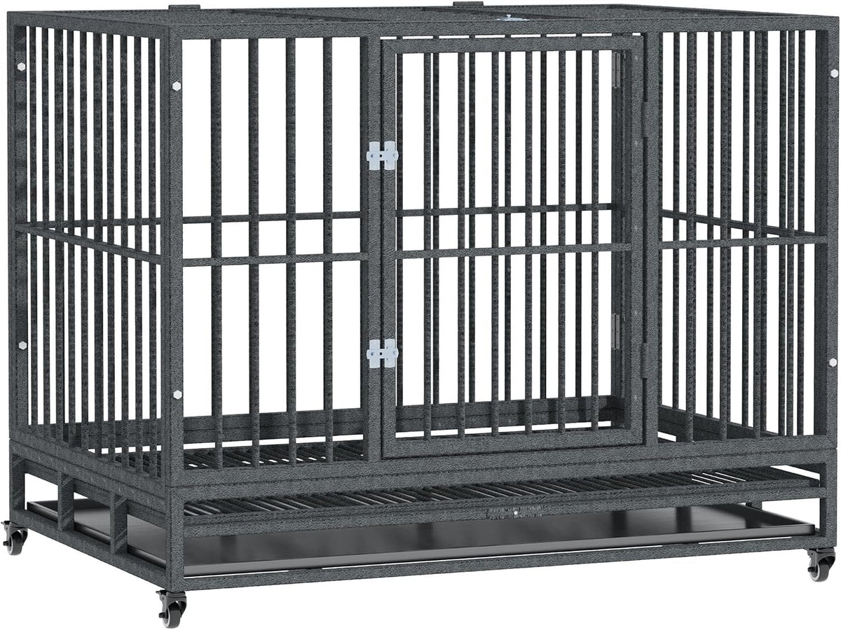 Gray heavy duty steel dog crate with double doors and wheels
