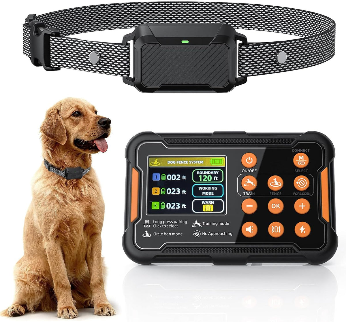 Black wireless dog fence transmitter and collar receiver