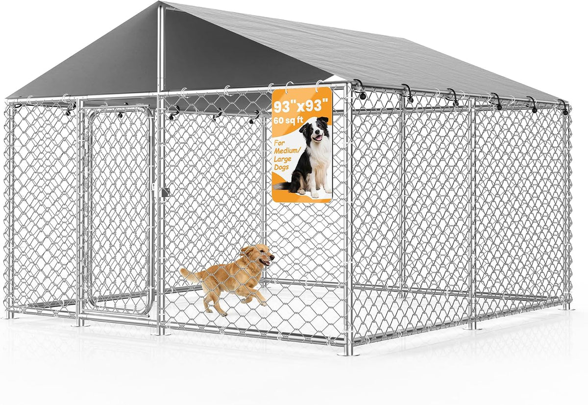 Large galvanized steel chain link outdoor dog kennel with roof – view 2