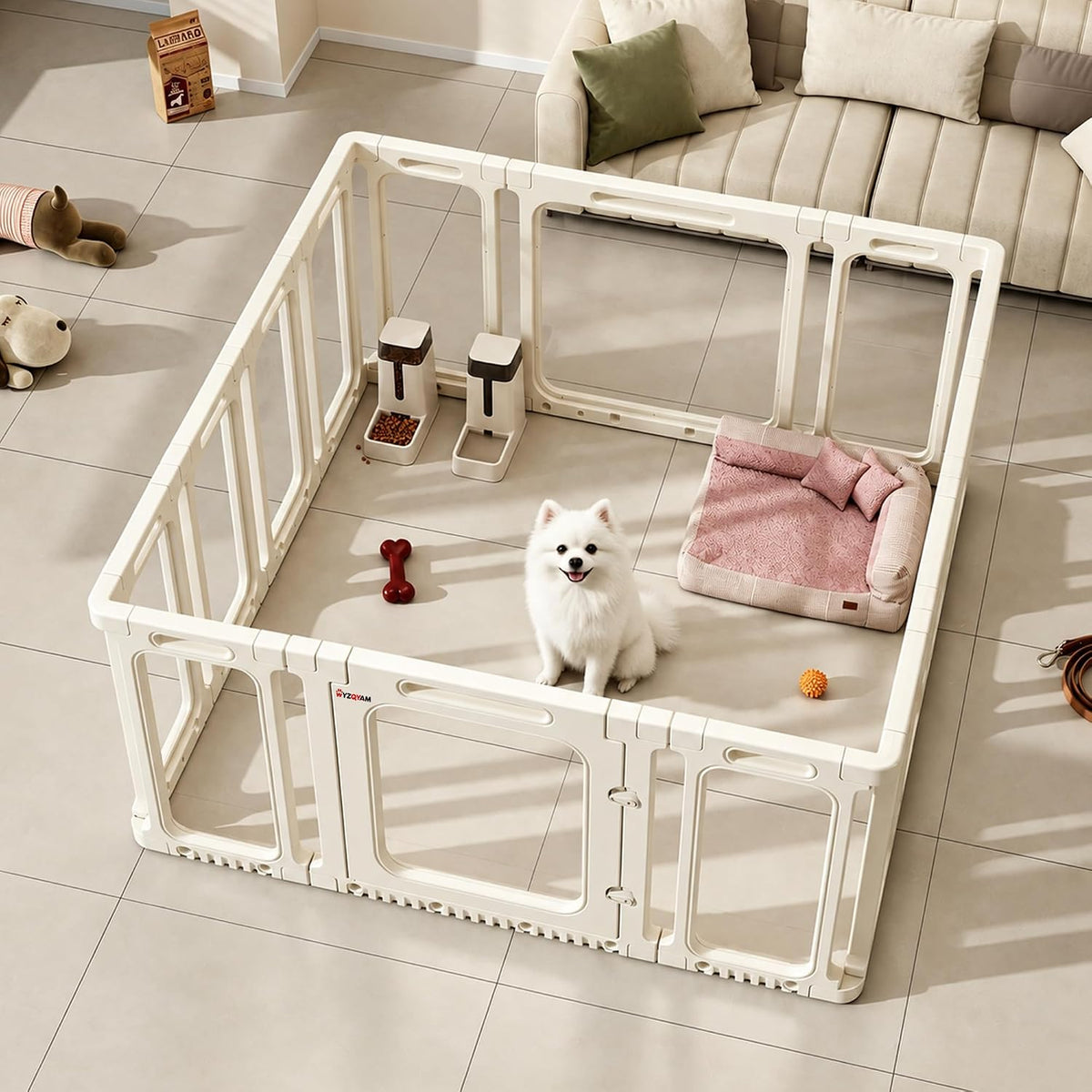 Clear acrylic puppy playpen on a wheeled base plate – view 3