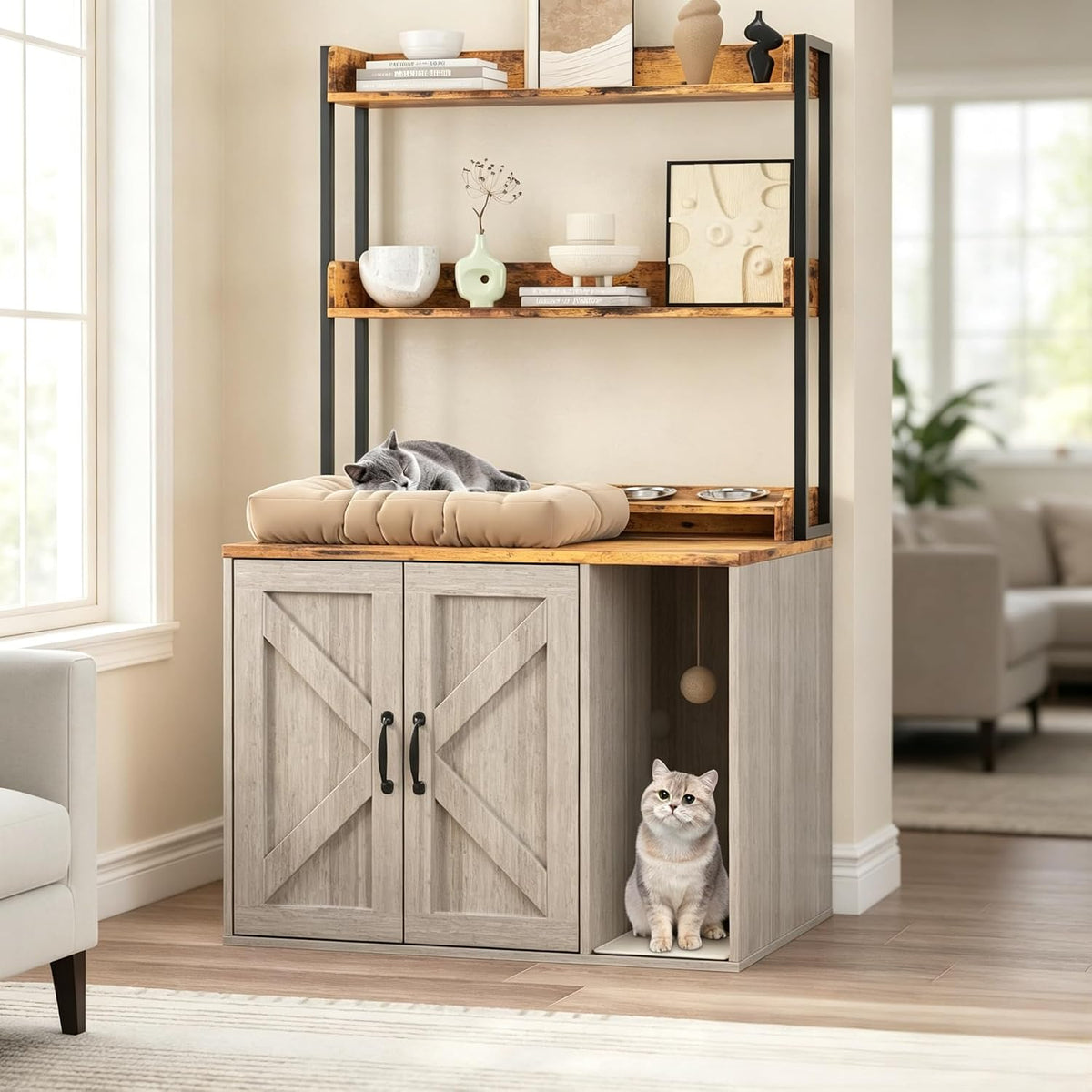 Light grey wooden litter box enclosure with curved entry and shelves