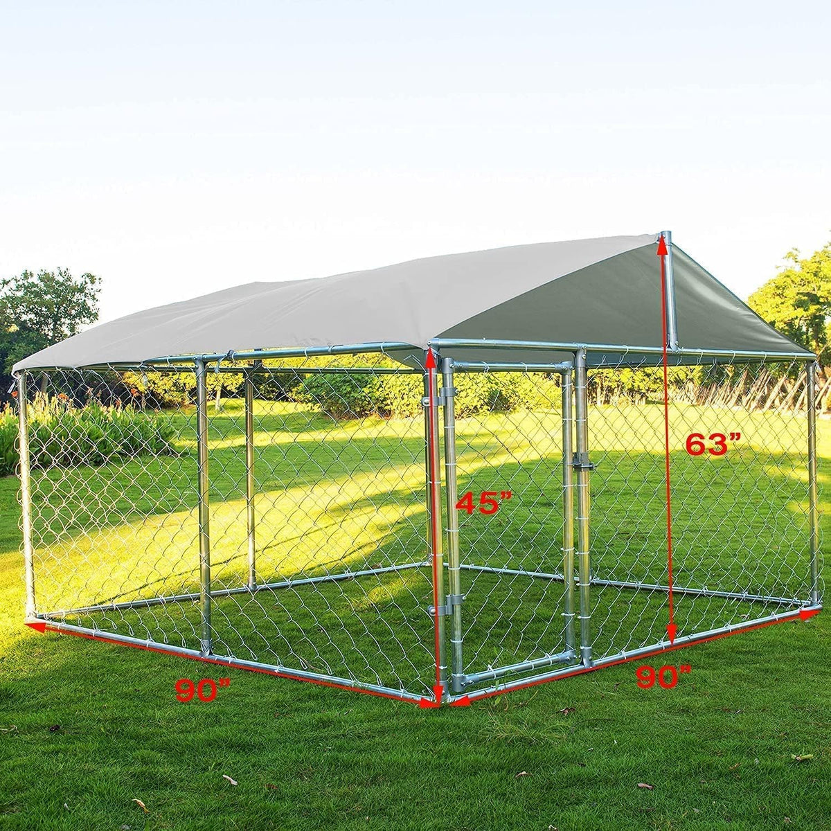 Metal outdoor dog kennel with waterproof top cover in a backyard