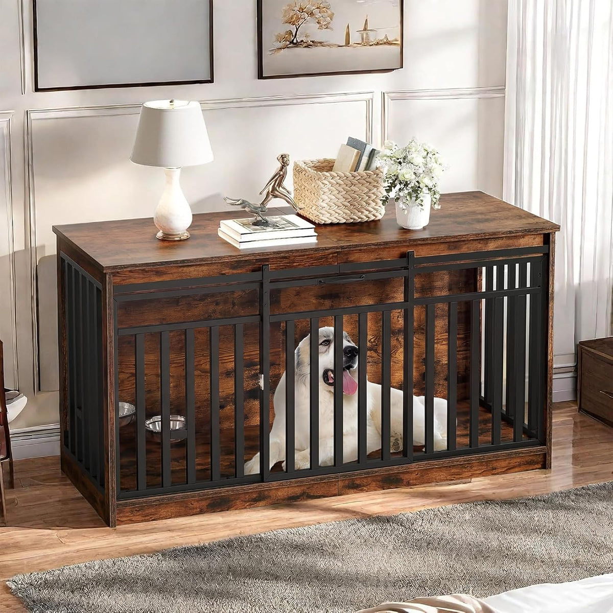 Rustic brown dog crate TV stand with sliding barn doors and two bowls