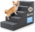 Gray foam pet stairs with carpet steps beside a high bed – view 2