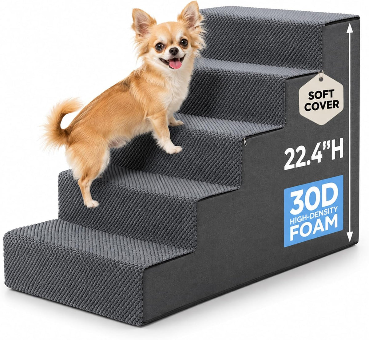 Gray foam pet stairs with carpet steps beside a high bed – view 2