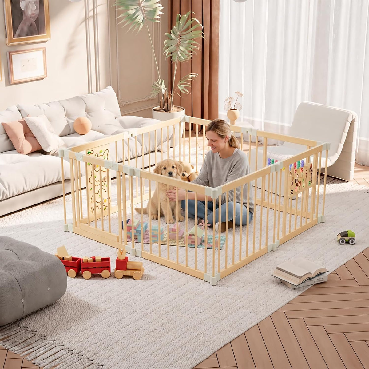 Foldable wooden dog playpen with door set up in a living room – view 2