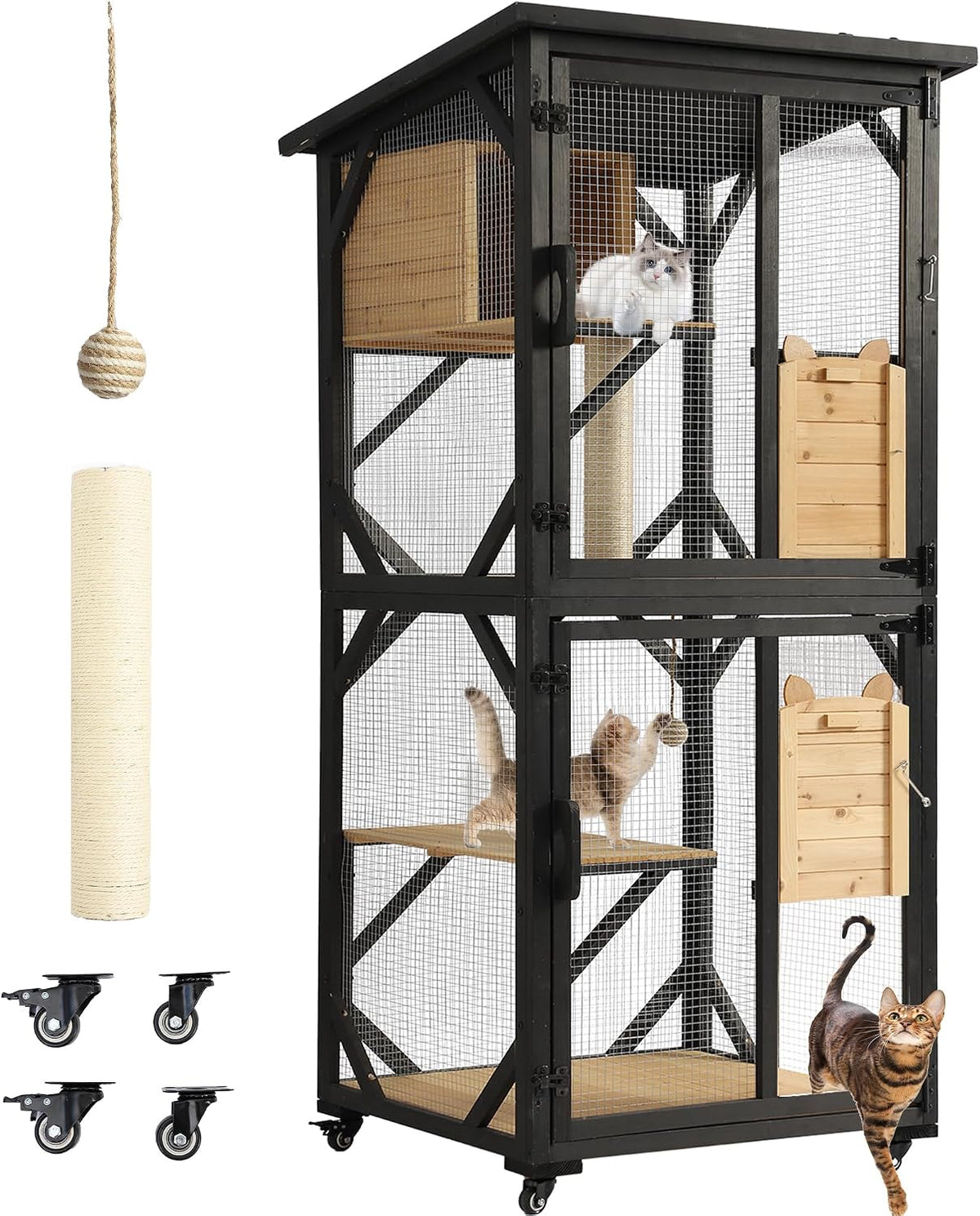 Black 71 inch four-tier catio on wheels with resting box
