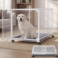 White collapsible diamond mesh dog crate with lockable wheels