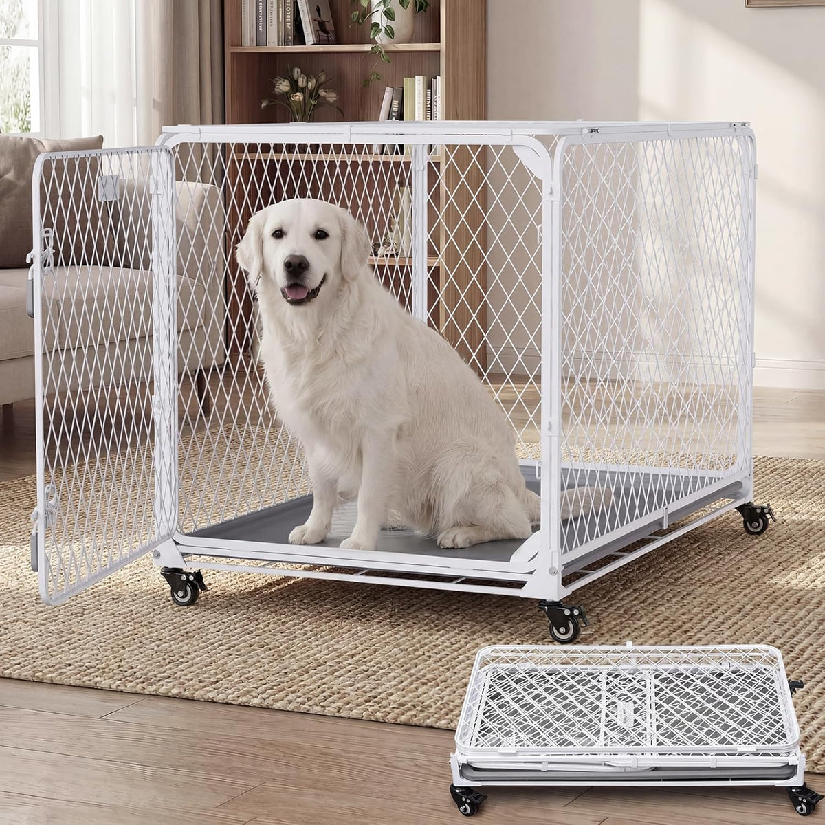 White collapsible diamond mesh dog crate with lockable wheels