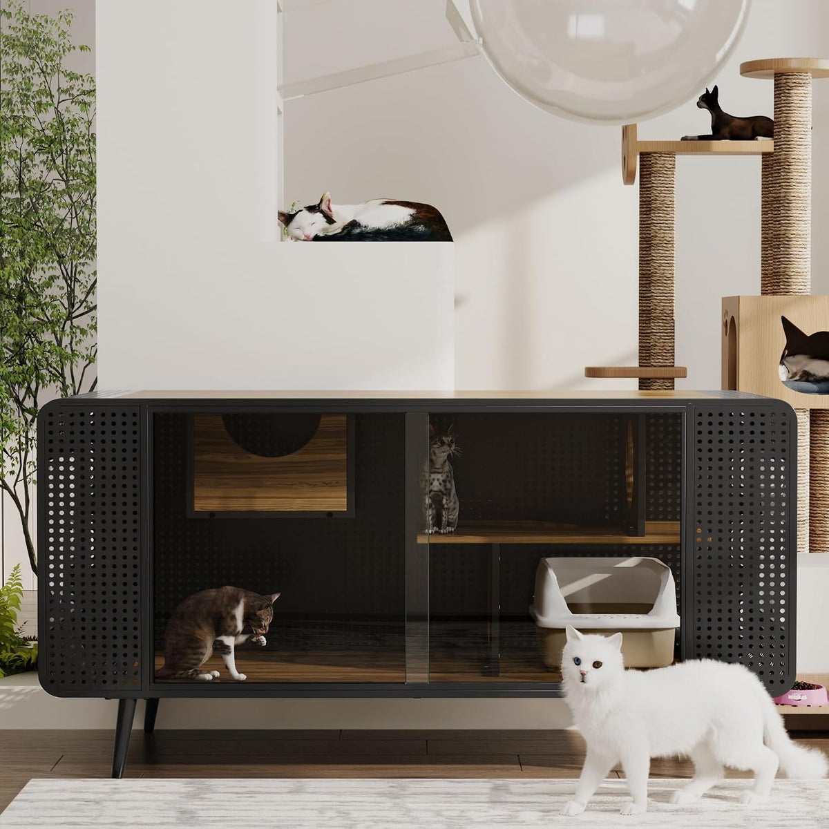 Black 55 inch litter box enclosure cabinet with sliding glass door