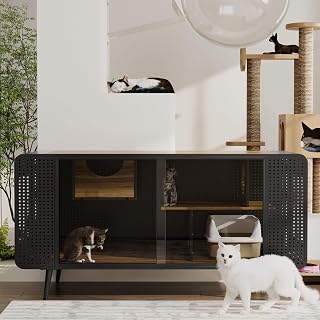 GDFStudio 55 Inch Cat Litter Box Enclosure Furniture with Sliding Tempered Glass Door and Internal Shelves, Black