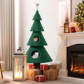 Green 60 inch Christmas tree shaped cat tower with two condos