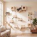 Beige wall mounted cat furniture set with condos, platforms and bridges