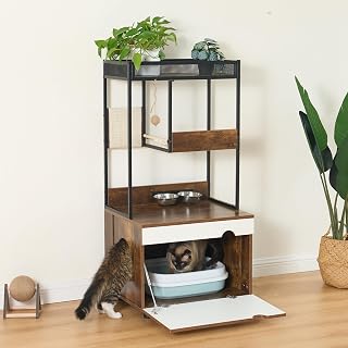 Cat Litter Box Enclosure with Tree Tower, 2-in-1 Hidden Cabinet