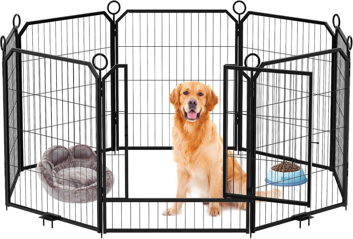 Black 16-panel metal dog playpen with lockable door in a yard – view 3