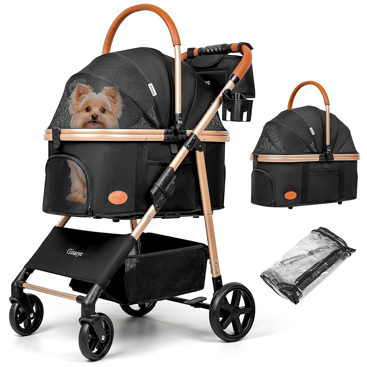 Grey 3-in-1 pet stroller with detachable carrier and rain cover – view 2