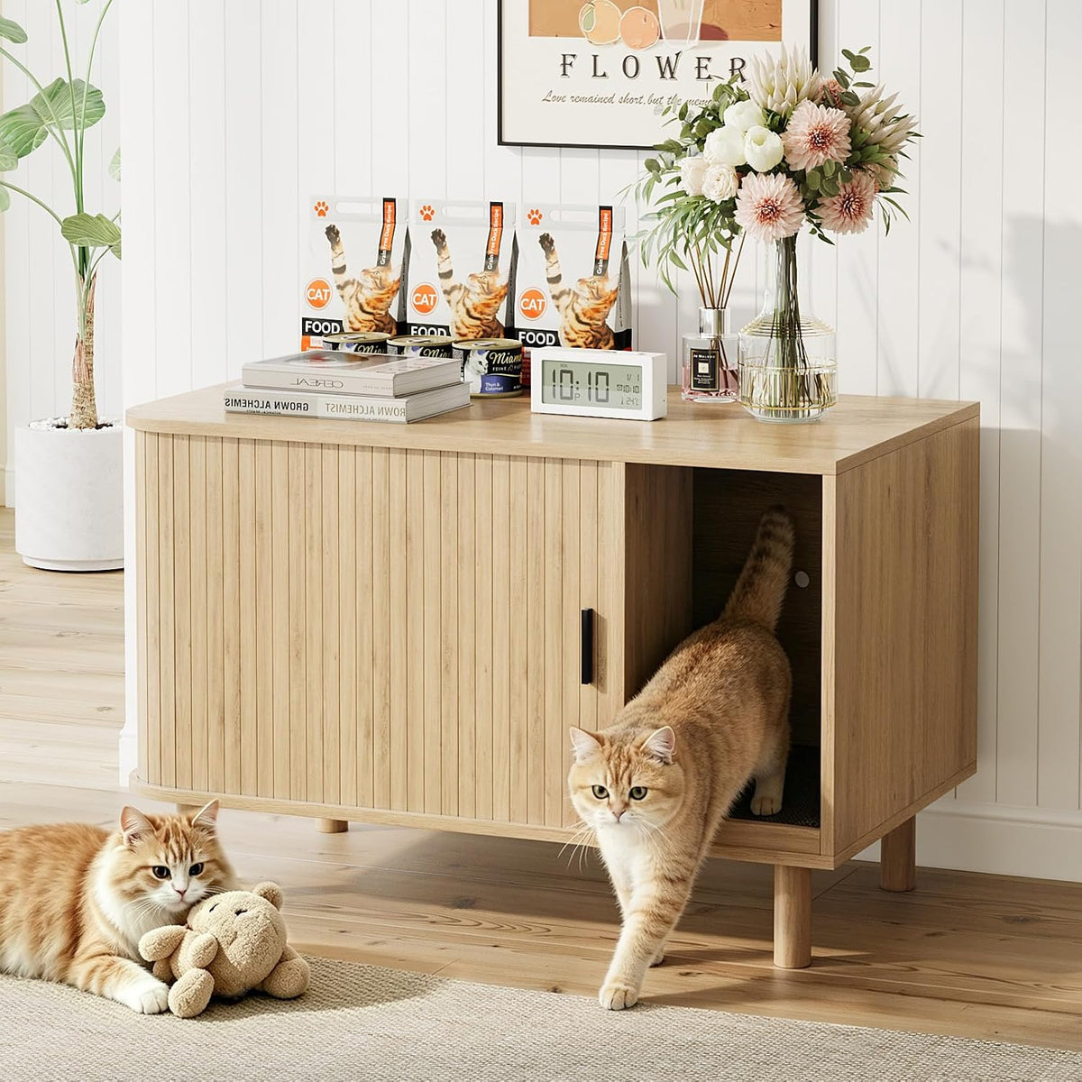 Wooden litter box enclosure cabinet with fluted sliding door on solid wood legs – view 2