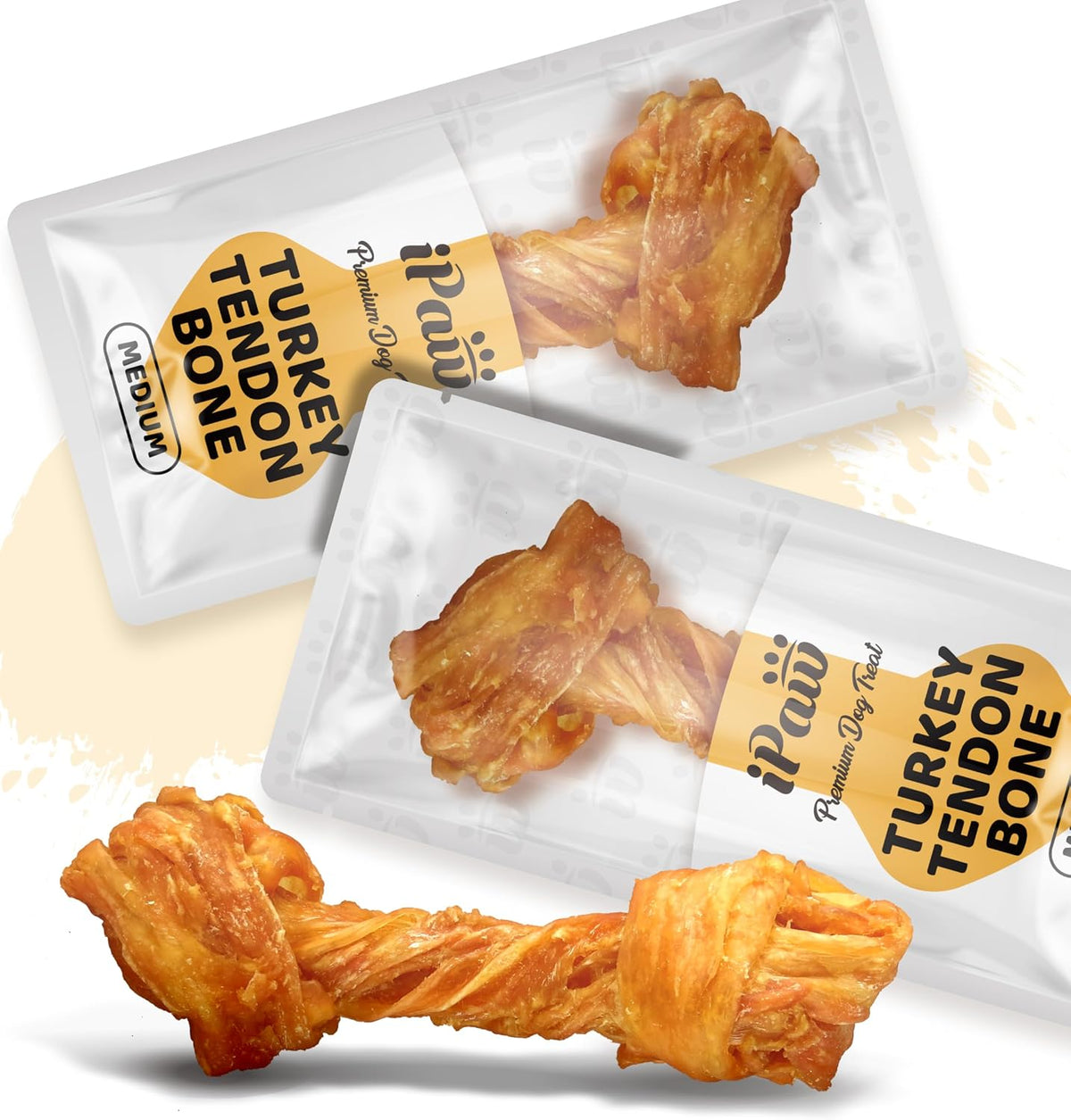 Turkey tendon strip dog chews arranged beside their box – view 6