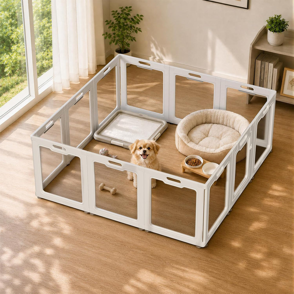 White modular plastic dog exercise pen with door set up in a backyard