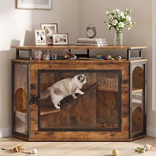 TITIMO Corner Cat Litter Box Enclosure, Cat Cage Furniture with 2-Tier Shelves