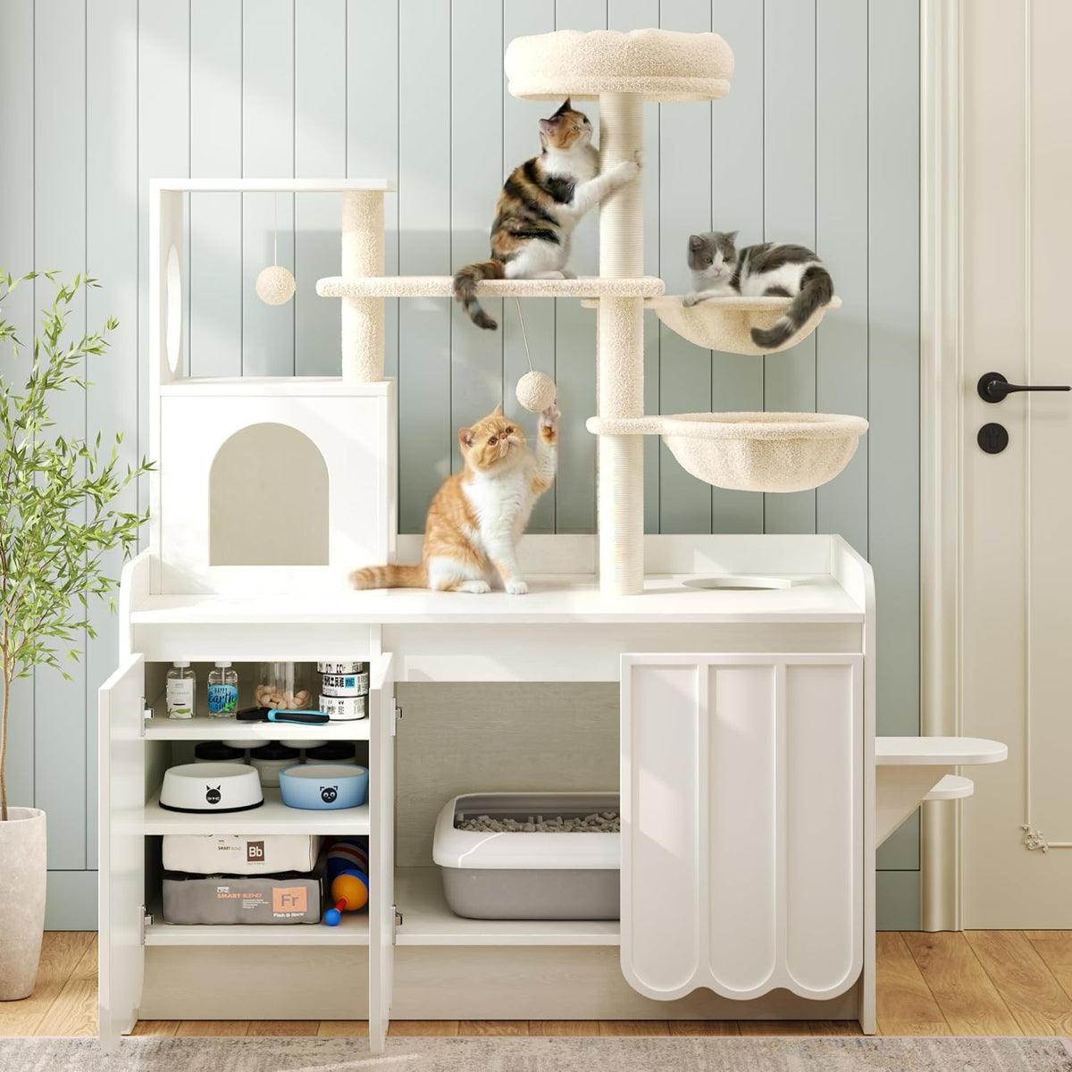 Cat tree with hidden litter box cabinet and storage at the base