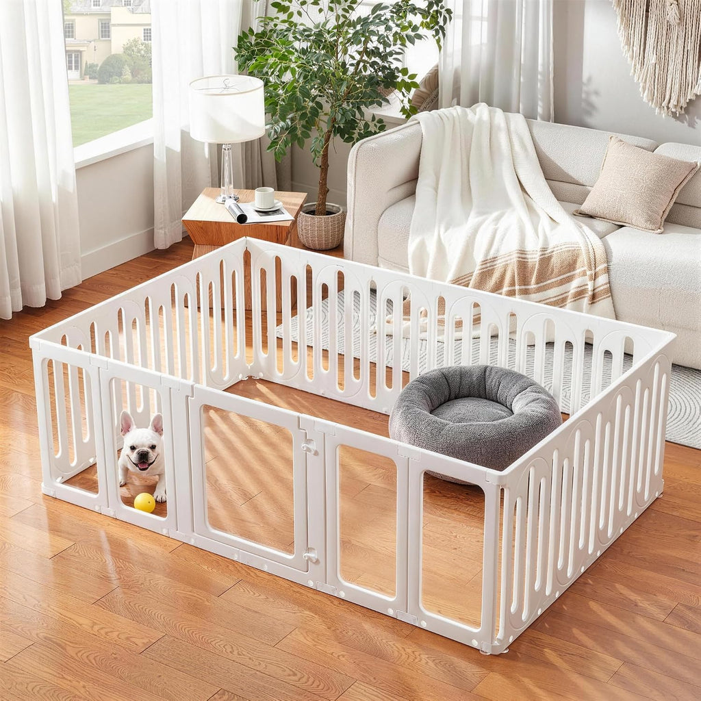 Clear acrylic puppy playpen panels arranged in a flexible indoor pen
