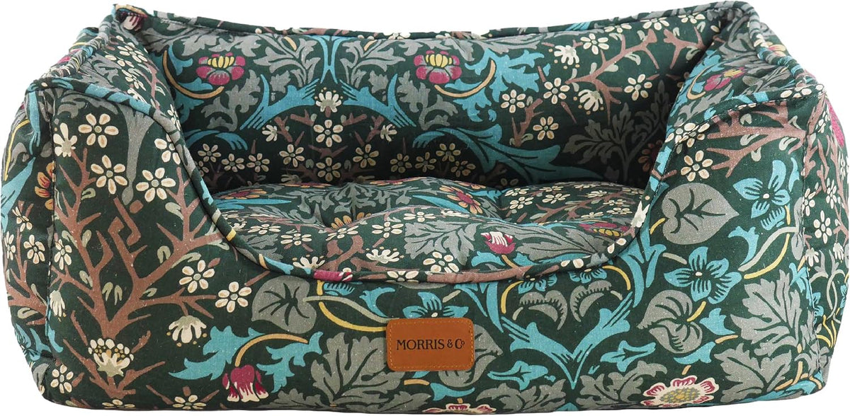 Dark blue printed pet sofa bed with high sides and cushion – view 3