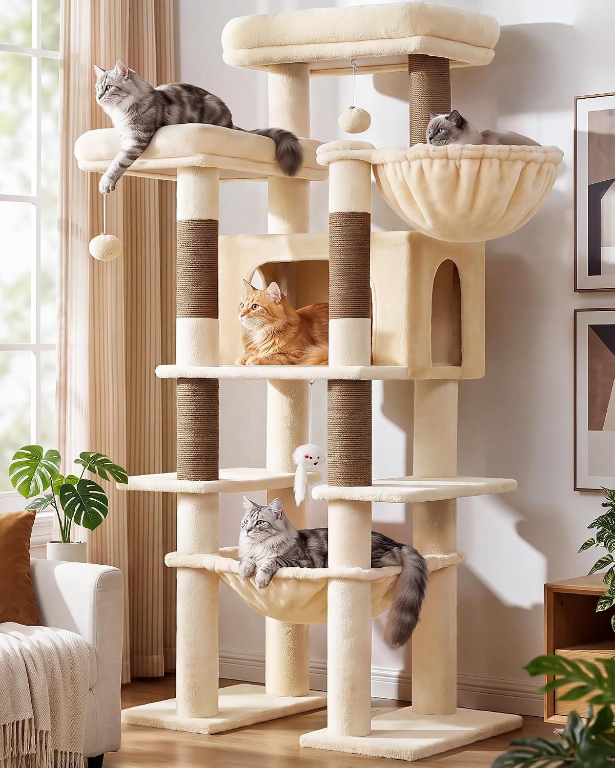 Dark grey 83 inch giant cat tower with sisal posts and caves – view 11