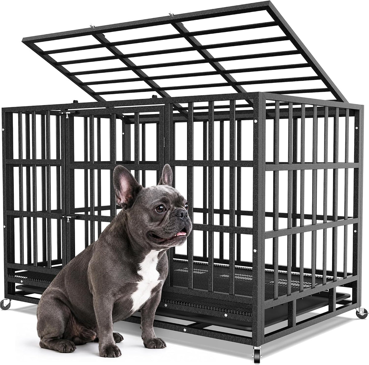 Black heavy-duty steel dog crate with removable tray and locking caster wheels – view 4