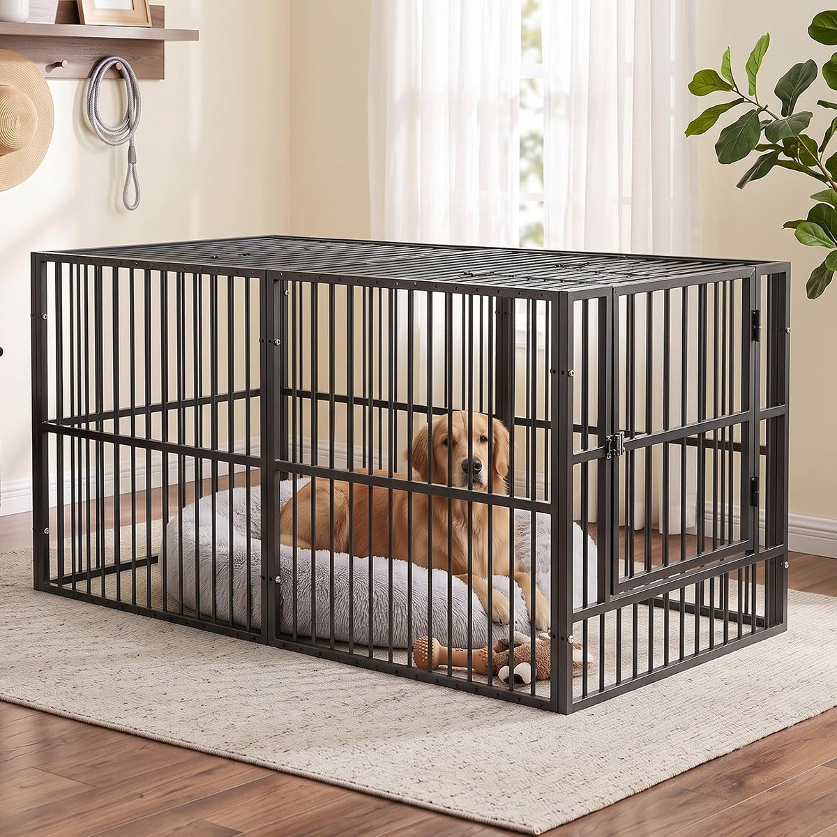 Black 63 inch metal dog kennel with roof on a patio – view 3