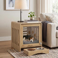 Wooden dog kennel furniture with a hidden feeding station