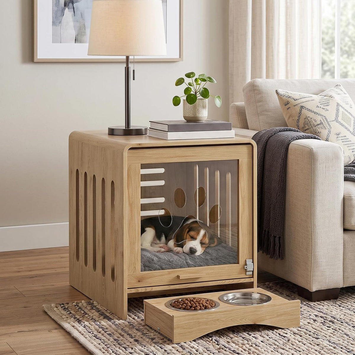 Wooden dog kennel furniture with a hidden feeding station