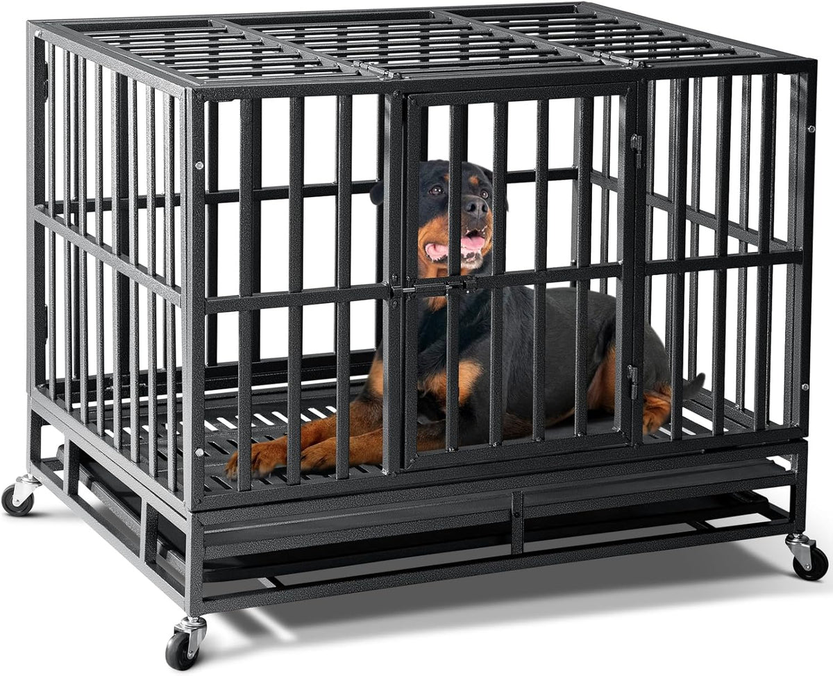 Black 38 in heavy duty steel dog crate with top door and lockable wheels
