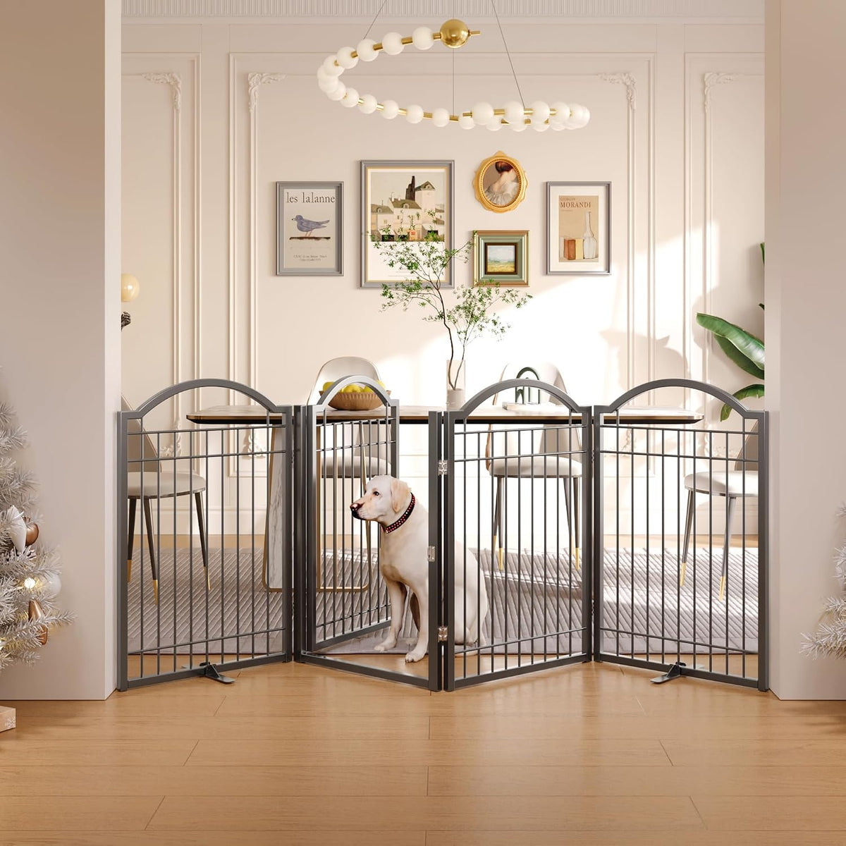 White freestanding accordion metal dog gate with walk-through door – view 4