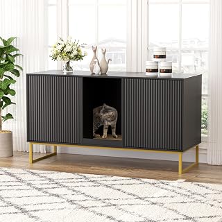 Double Litter Box Enclosure for 2 Cats, 47" Large Hidden Cabinet with Scratch Pad and Metal Legs, Black