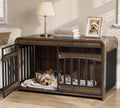 Walnut 39 inch dog crate end table with rounded edges and single door