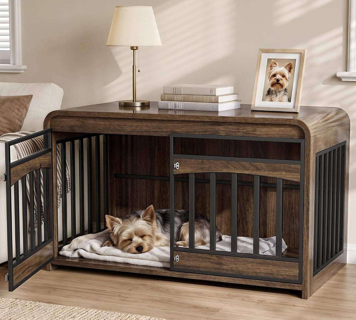 Walnut 39 inch dog crate end table with rounded edges and single door