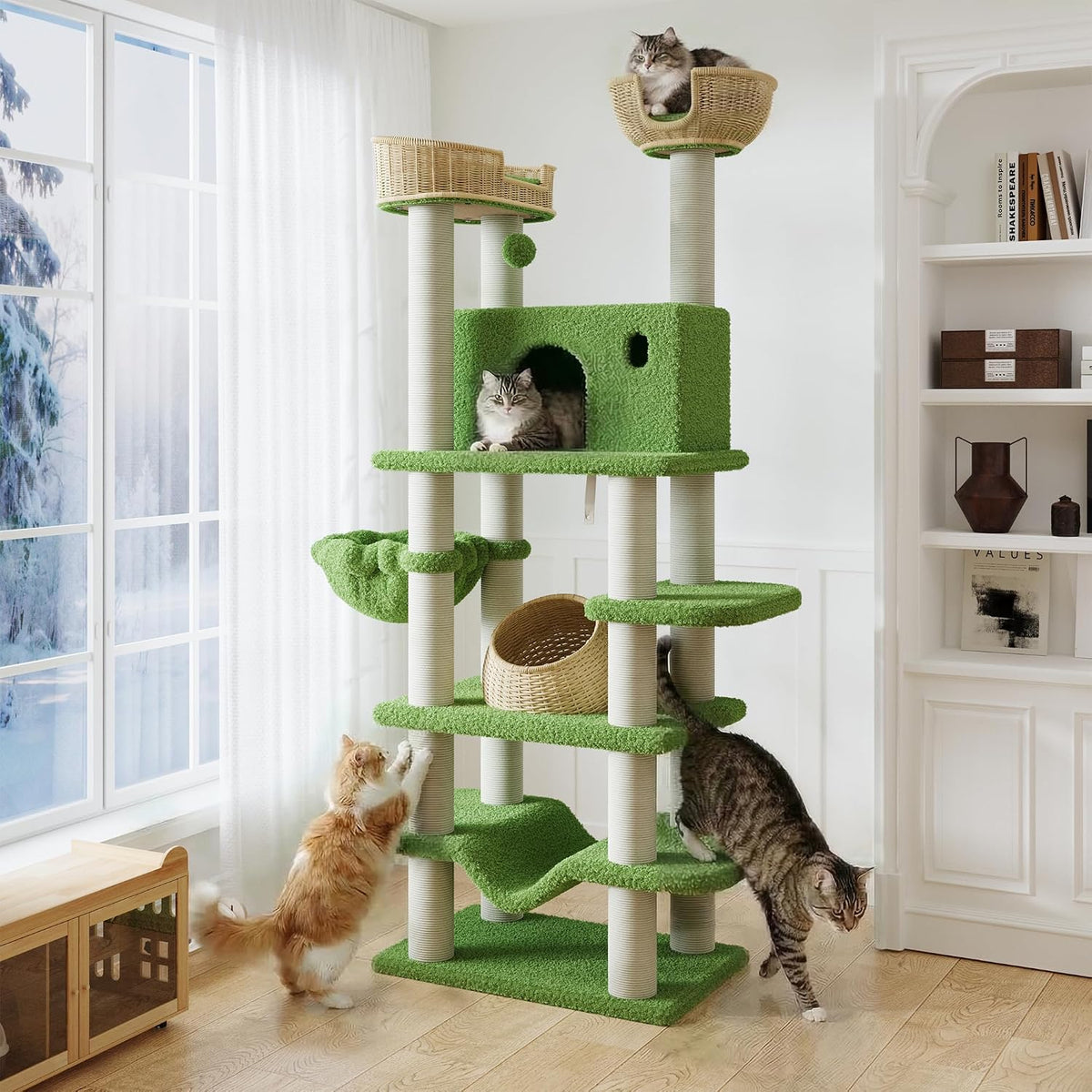 82 inch green handmade rattan cat tree with wicker perches and hammock